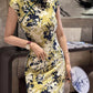 Yellow cheongsam. Floral short-sleeved cheongsam.