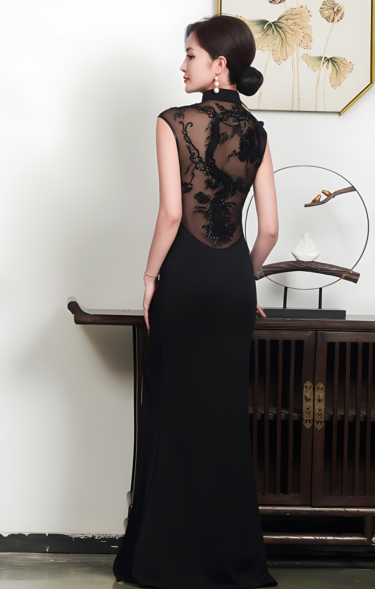 Black openback cheongsam dress.