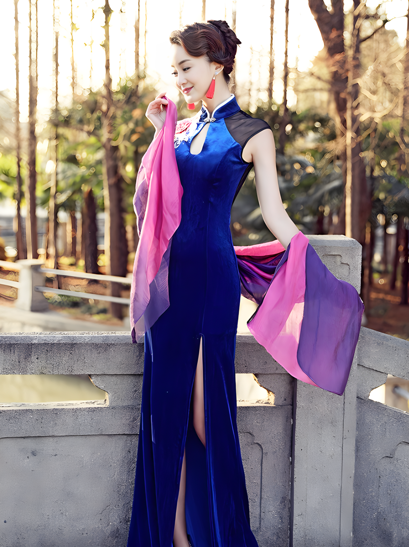 Blue cheongsam dress. Traditional Chinese Qipao dress.