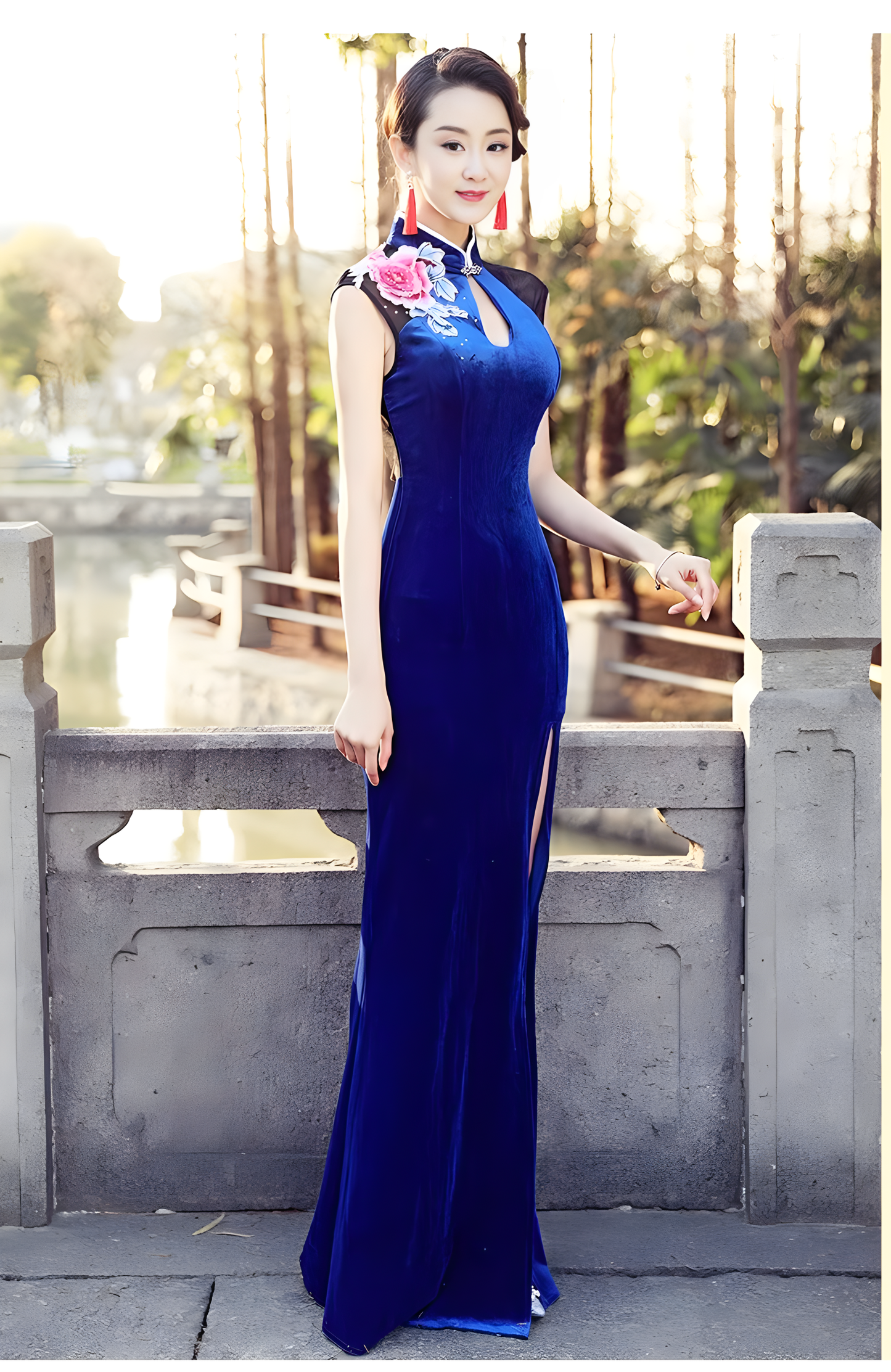 Blue cheongsam dress. Traditional Chinese Qipao dress.