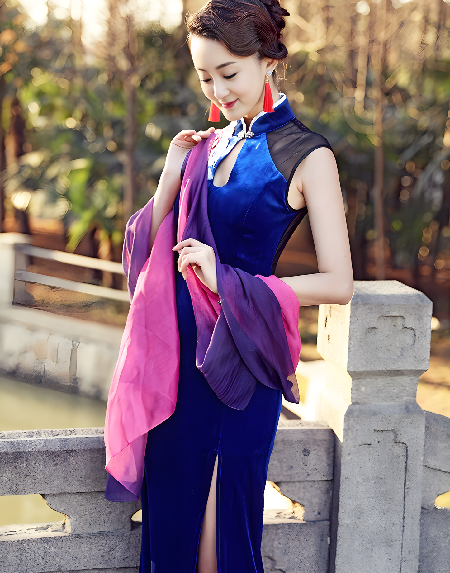 Blue cheongsam dress. Traditional Chinese Qipao dress.