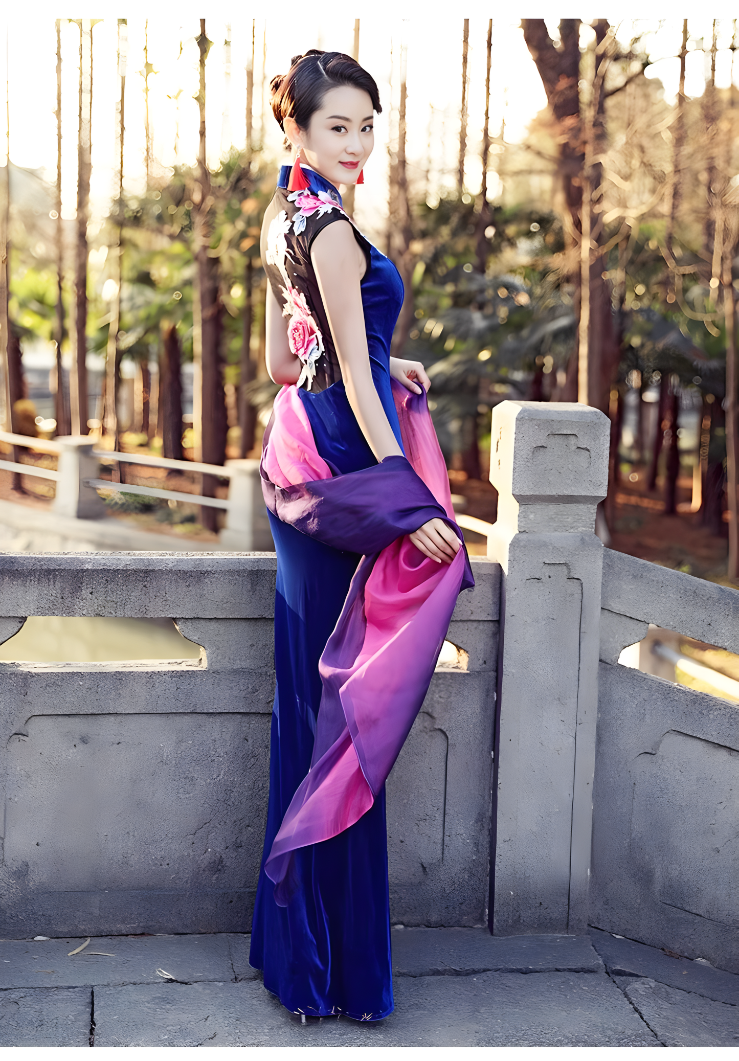 Blue cheongsam dress. Traditional Chinese Qipao dress.