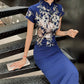 Blue embroidered cheongsam. Elegant ball gown.