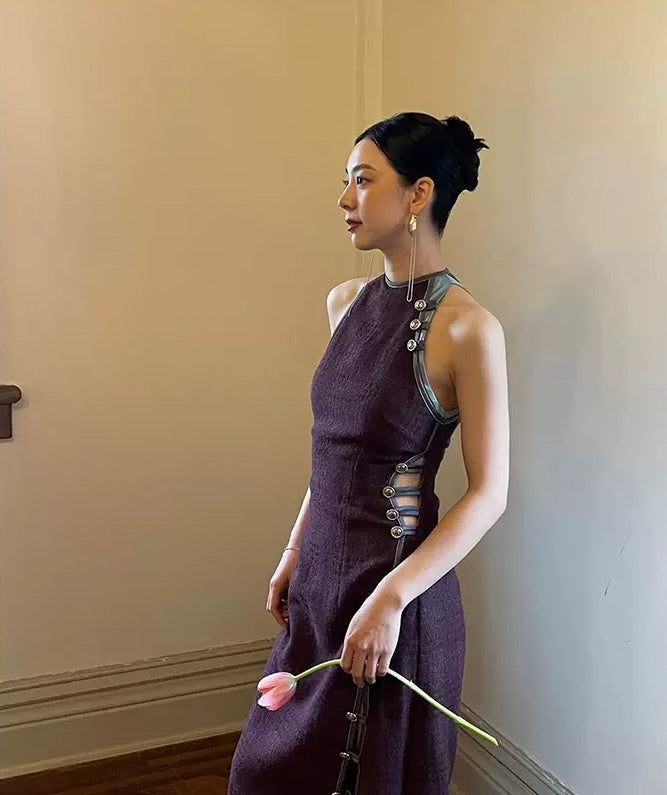 Purple sleeveless cheongsam dress. Modern sleeveless Qipao.