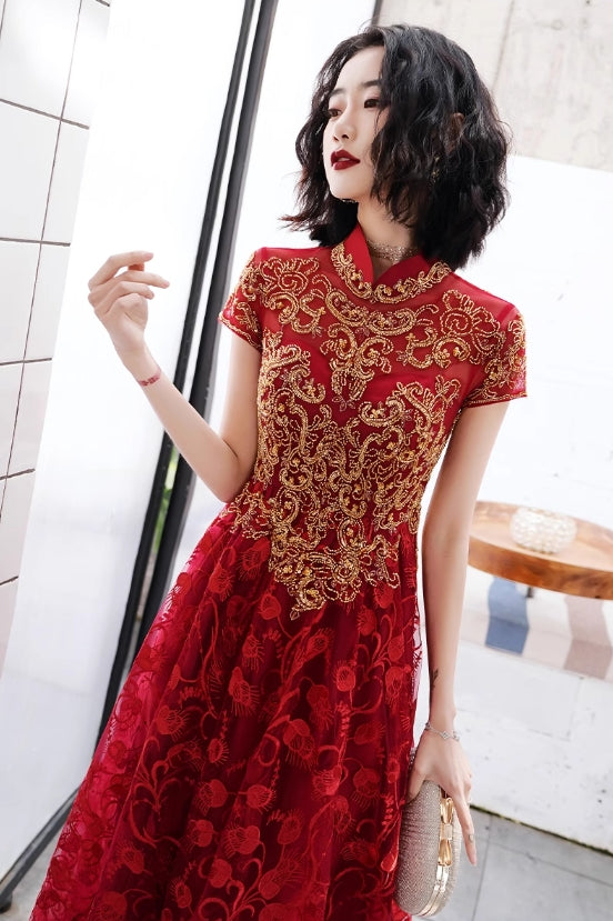 Red cheongsam. Bridal Qipao dress. Wedding dress.