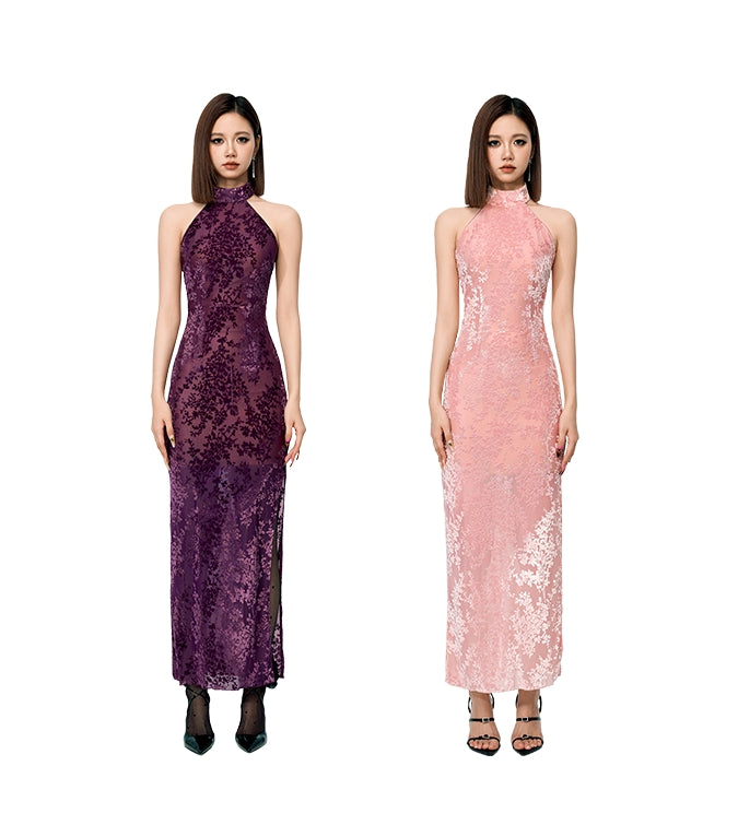 Sexy purple cheongsam. Pink sleeveless cheongsam. Cheongsam QIPAO dress.