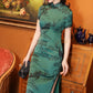 Elegant Chinese vintage cheongsam. Green qipao dress. Short sleeve dress.