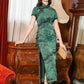 Elegant Chinese vintage cheongsam. Green qipao dress. Short sleeve dress.