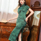 Elegant Chinese vintage cheongsam. Green qipao dress. Short sleeve dress.