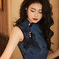 Elegant Chinese vintage cheongsam. Blue qipao dress. Sleeveless gown.