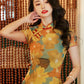 Elegant Chinese vintage cheongsam. Yellow floral qipao dress. Sleeveless gown.