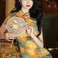 Elegant Chinese vintage cheongsam. Yellow floral qipao dress. Sleeveless gown.