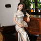 Elegant Chinese vintage cheongsam. Blue qipao dress. Short sleeve dress.