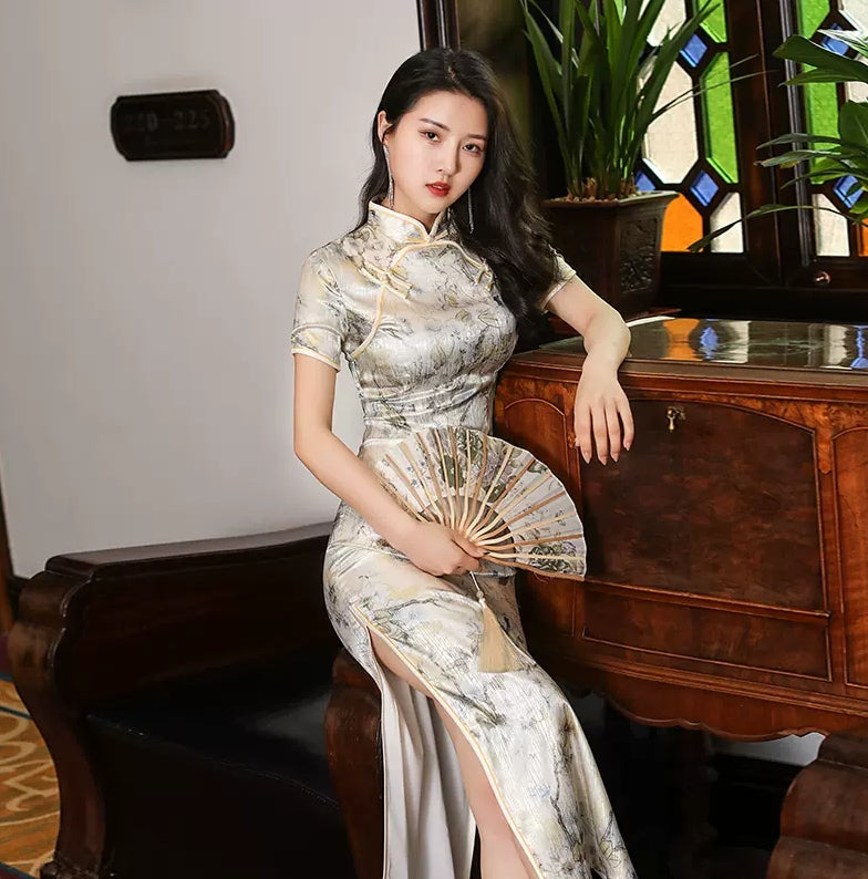 Elegant Chinese vintage cheongsam. Blue qipao dress. Short sleeve dress.