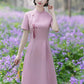 Green A-line cheongsam. Short sleeve cheongsam.