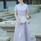 Green A-line cheongsam. Short sleeve cheongsam.