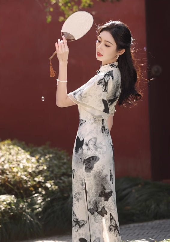 Black butterfly cheongsam. Short sleeve cheongsam.