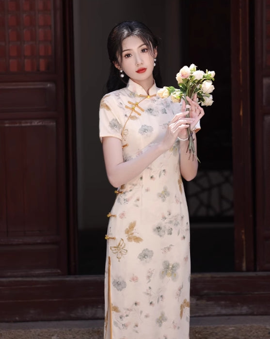 Butterfly short-sleeved cheongsam, bridesmaid dress.