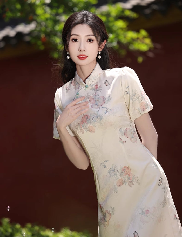 Champagne floral cheongsam. Short sleeve cheongsam. for you.