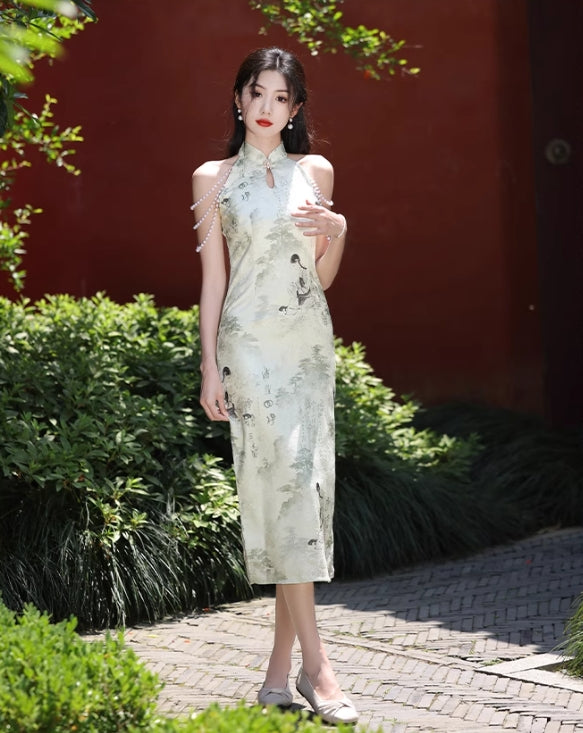 Green cheongsam. Sleeveless cheongsam. for you.