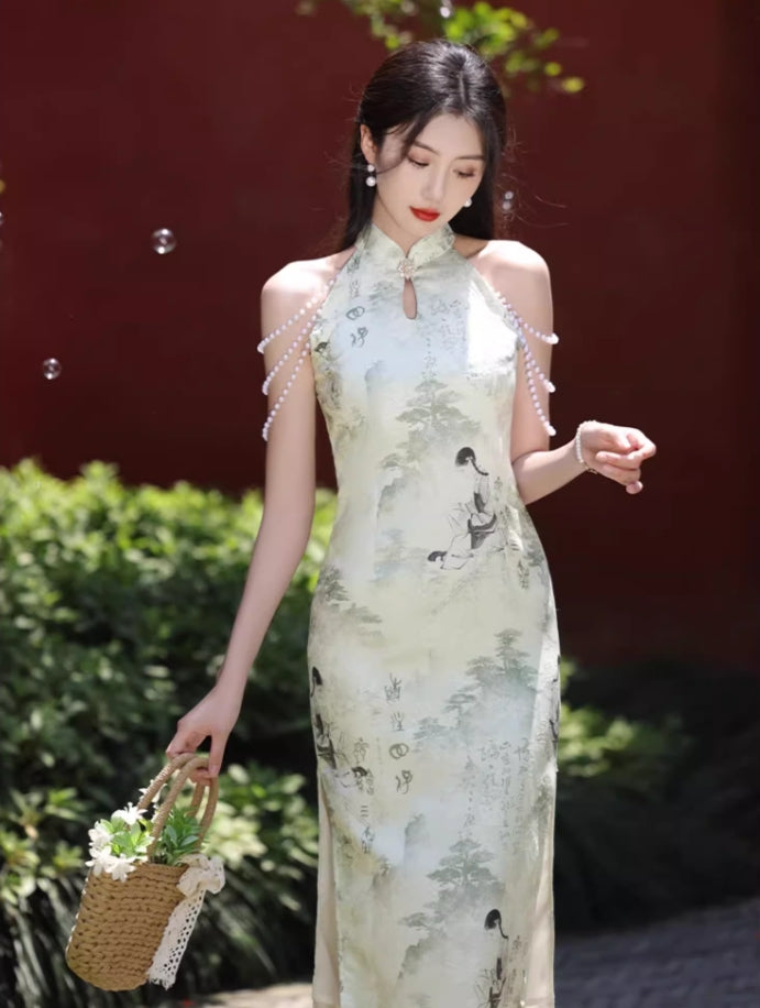 Green cheongsam. Sleeveless cheongsam. for you.