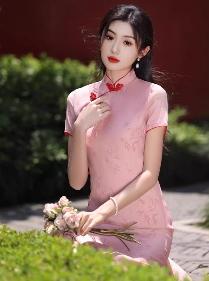 Pink cheongsam. Short sleeve cheongsam. for you.