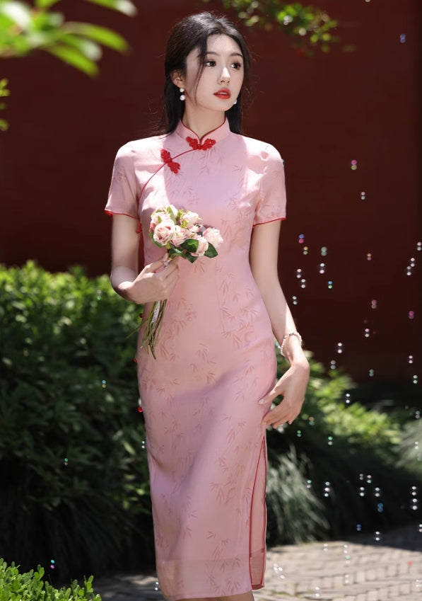 Pink cheongsam. Short sleeve cheongsam. for you.