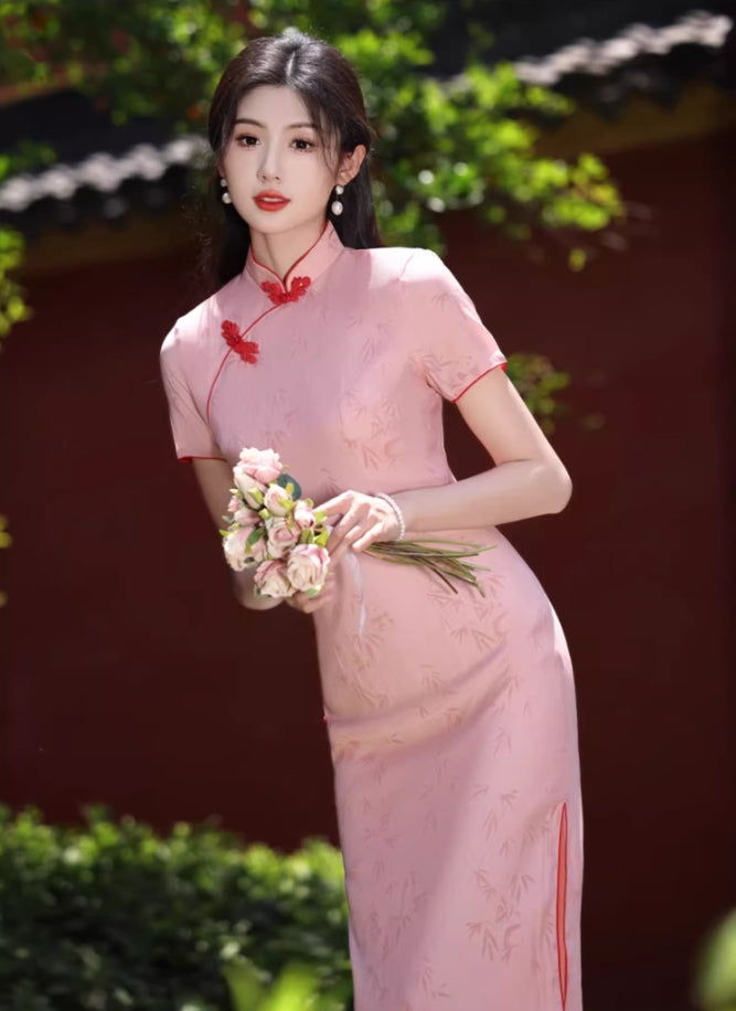 Pink cheongsam. Short sleeve cheongsam. for you.