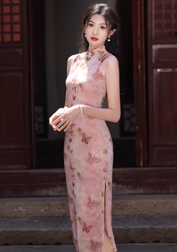 Pink butterfly cheongsam. Short sleeve cheongsam. for you.