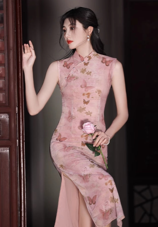 Pink butterfly cheongsam. Short sleeve cheongsam. for you.