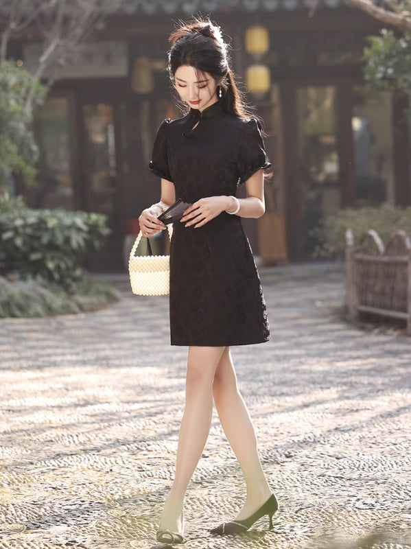 Black cheongsam. Short sleeve cheongsam. Chinese style black skirt. for you.