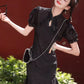 Black cheongsam. Short sleeve cheongsam. Black skirt.