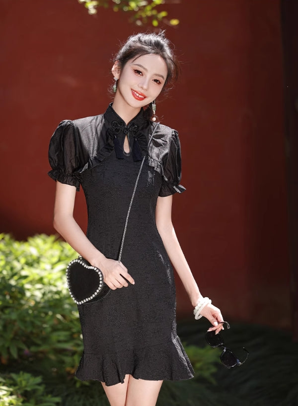 Black cheongsam. Short sleeve cheongsam. Black skirt.