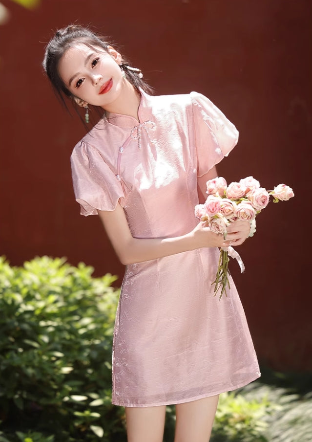 Pink cheongsam. Short sleeve cheongsam. Pink skirt.