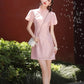 Pink cheongsam. Short sleeve cheongsam. Pink skirt.