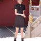 Black cheongsam. Short sleeve cheongsam. Black skirt.