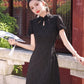 Black cheongsam. Short sleeve cheongsam. Black skirt.