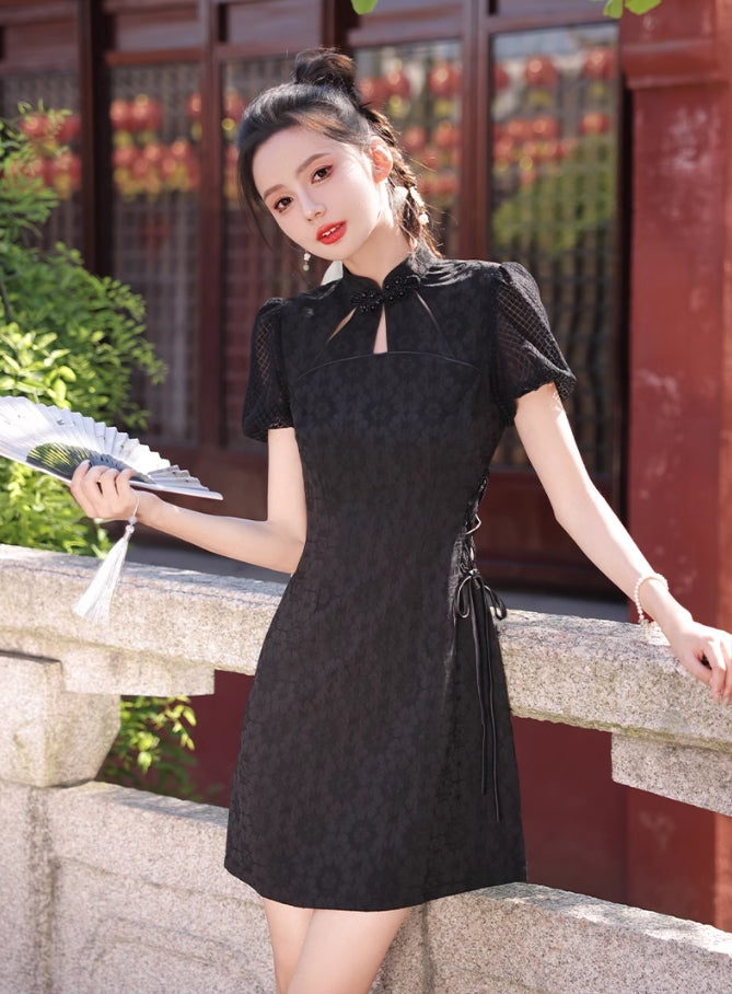 Black cheongsam. Short sleeve cheongsam. Black skirt.