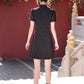 Black cheongsam. Short sleeve cheongsam. Black skirt.