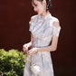 Off-the-shoulder cheongsam. Short sleeve cheongsam. Short skirt.