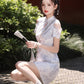 Off-the-shoulder cheongsam. Short sleeve cheongsam. Short skirt.