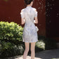 Off-the-shoulder cheongsam. Short sleeve cheongsam. Short skirt.