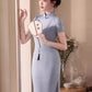 Blue cheongsam. Short sleeve cheongsam. Blue dress.