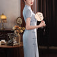 Blue cheongsam. Short sleeve cheongsam. Blue dress.