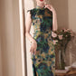 Blue green cheongsam. Lace short sleeve cheongsam.