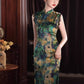 Blue green cheongsam. Lace short sleeve cheongsam.