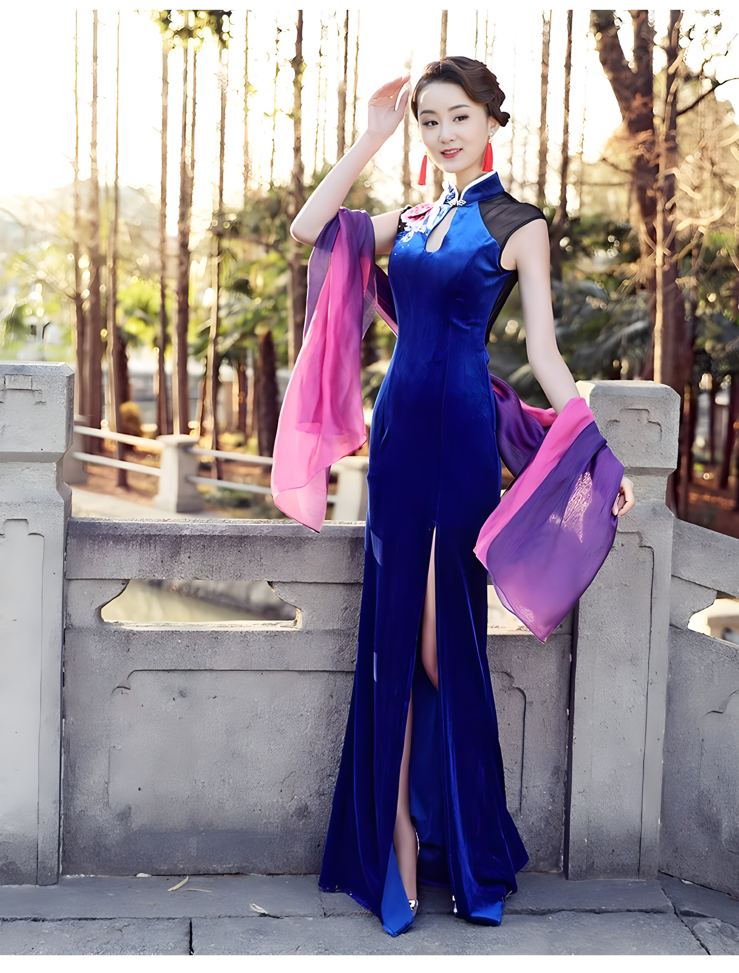 Blue cheongsam dress. Traditional Chinese Qipao dress.