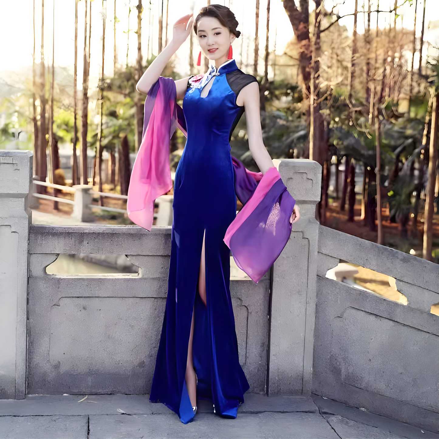 Blue cheongsam dress. Traditional Chinese Qipao dress.