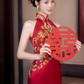 Red sleeveless cheongsam. Bridal Qipao dress. Chinese wedding dress.