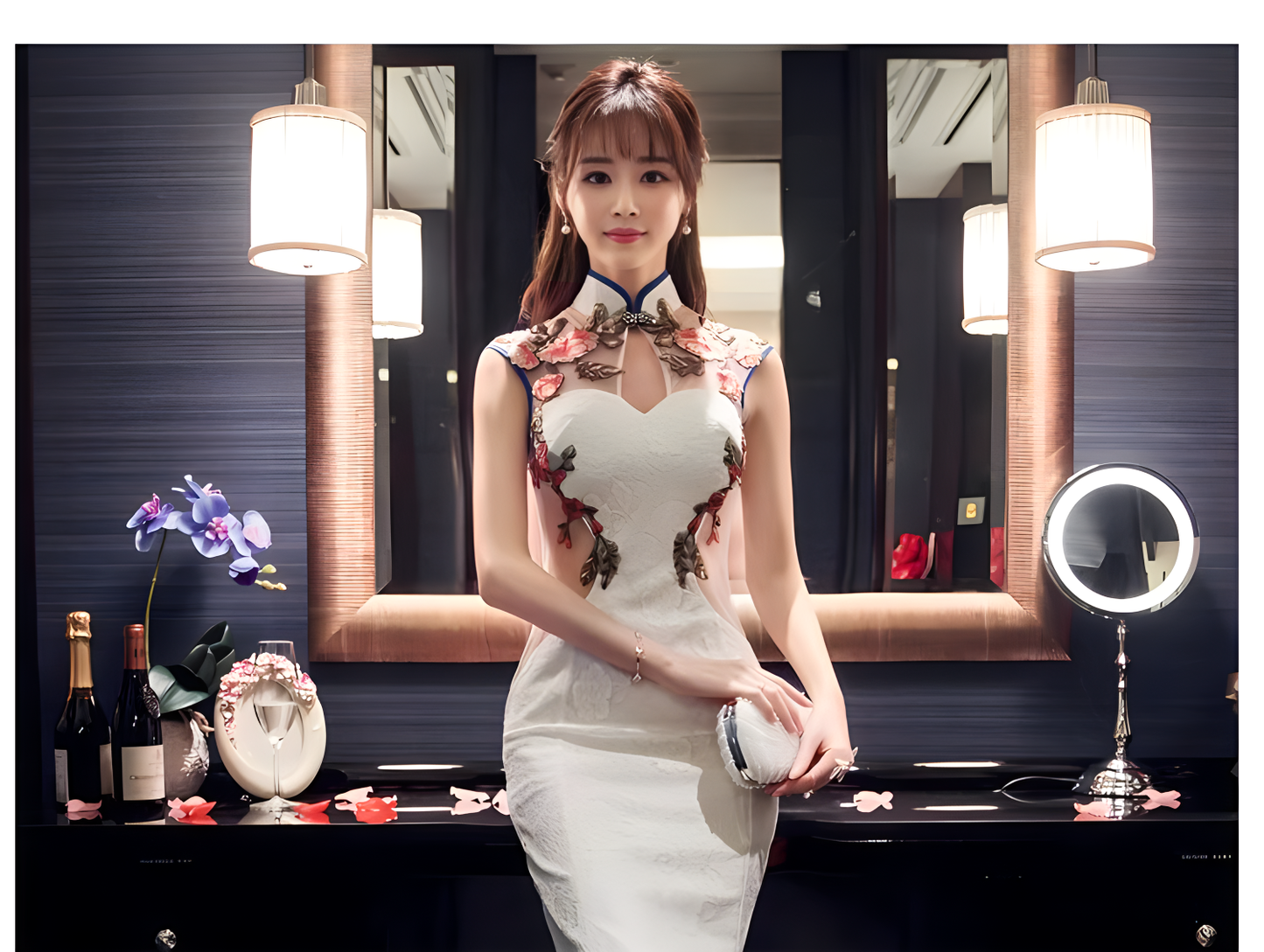 White cheongsam dress. Traditional Chinese Qipao.